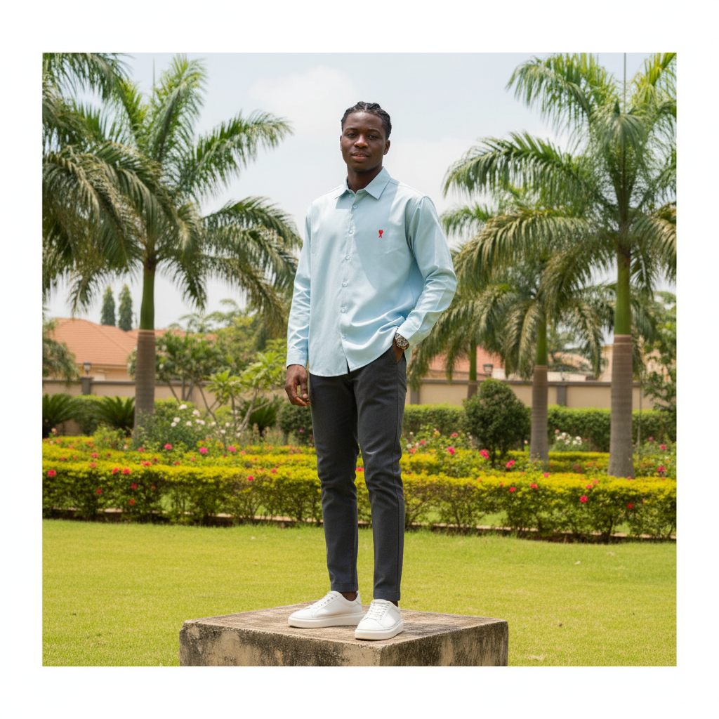 Nigerian male model full body wearing men's sky blue red heart embroidered long-sleeve shirt