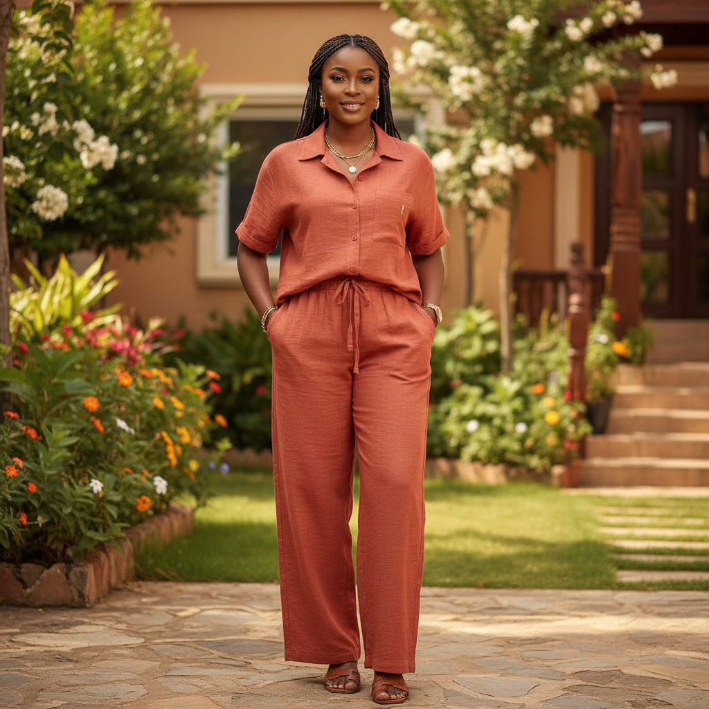 Nigerian female model wearing Unisex Terracotta Linen-Look Shirt & Wide-Leg Trousers Co-ord Set