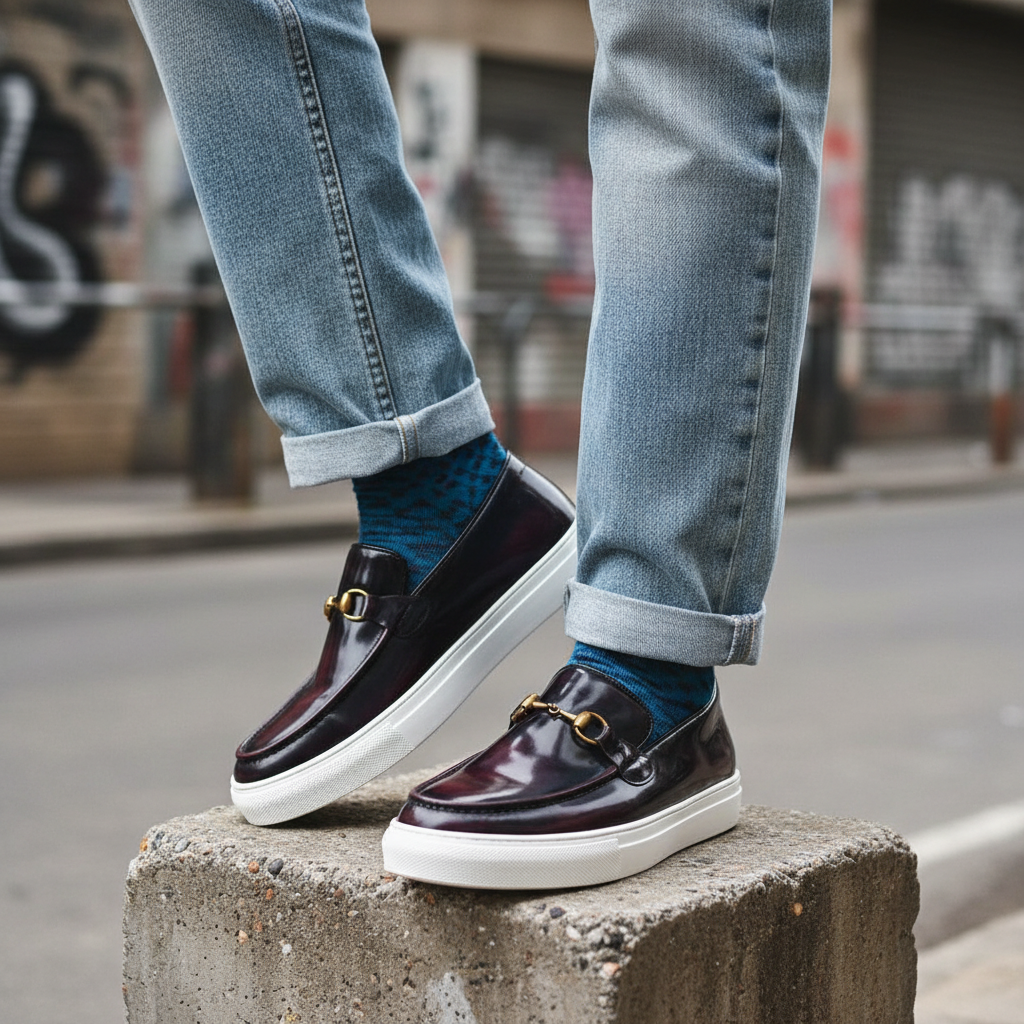 Model wearing navy burgundy ombré patent leather platform loafers with gold horsebit leg shot