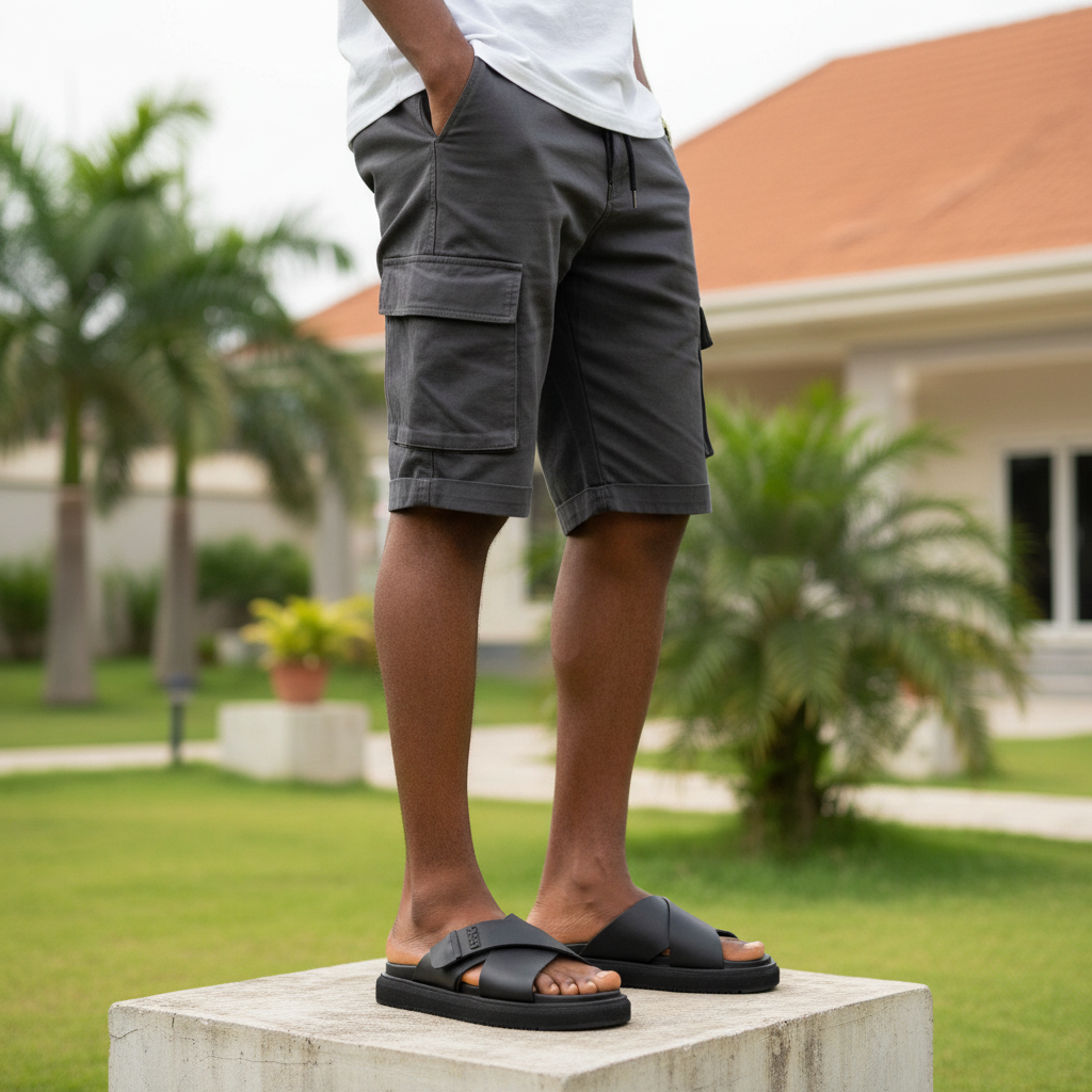 Men's black leather platform slides leg-focus lifestyle shot Nigerian male model