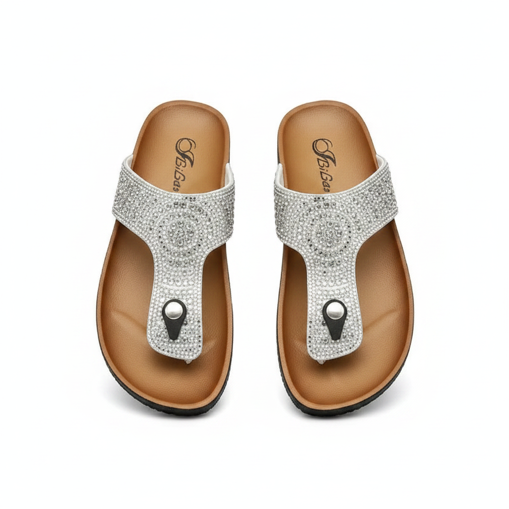 Women's Rhinestone Mandala T-Strap Thong Sandal - Silver Ghost Mannequin