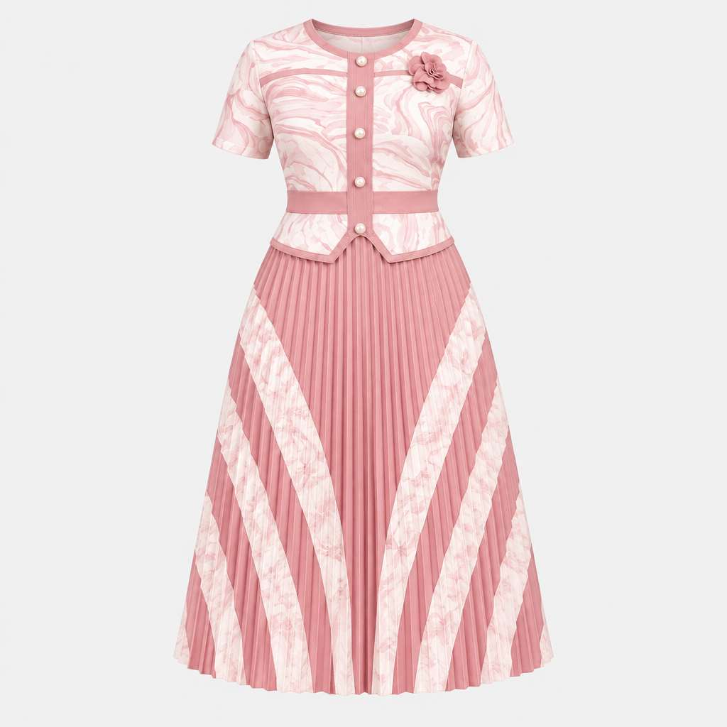 Blush pink patterned pleated dress on invisible mannequin