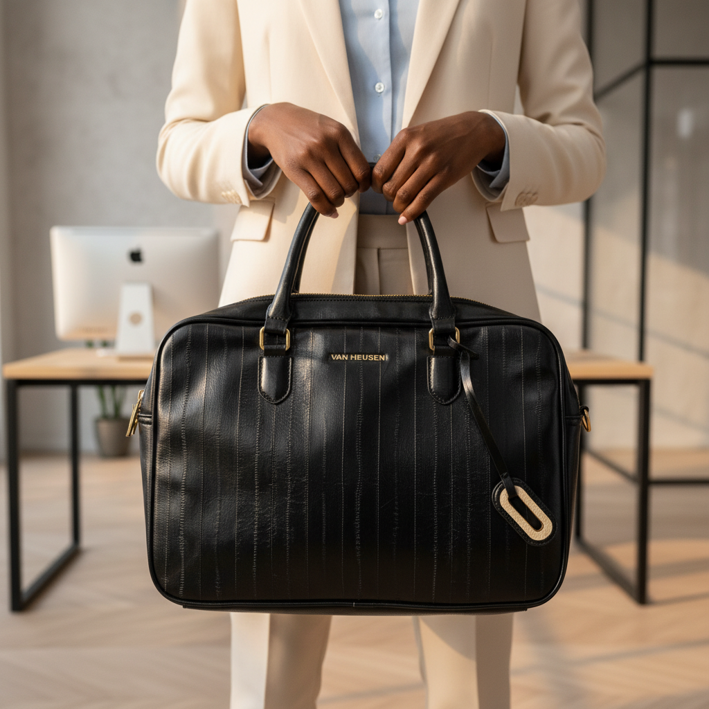 Van Heusen black textured leather laptop bag carried by Black Nigerian professional in office