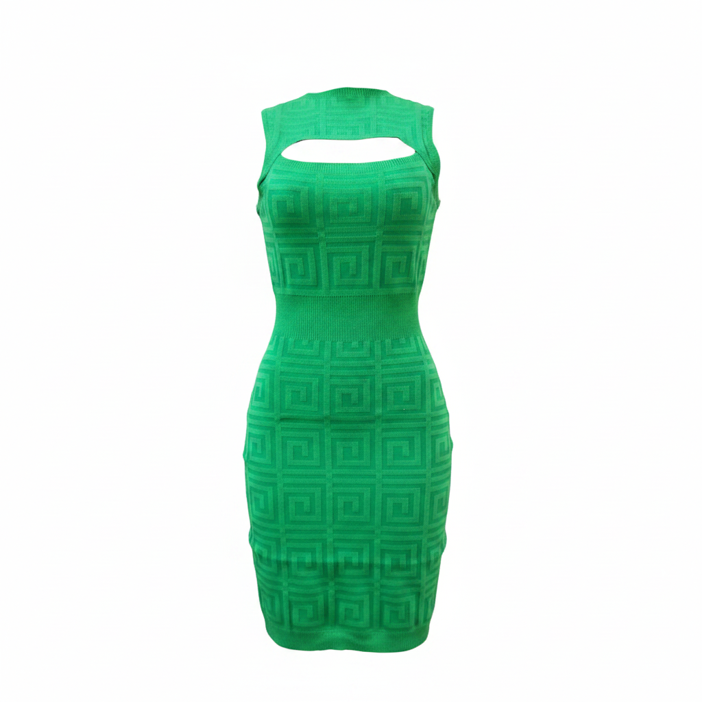 Ghost mannequin front view - green Greek key cutout bodycon dress