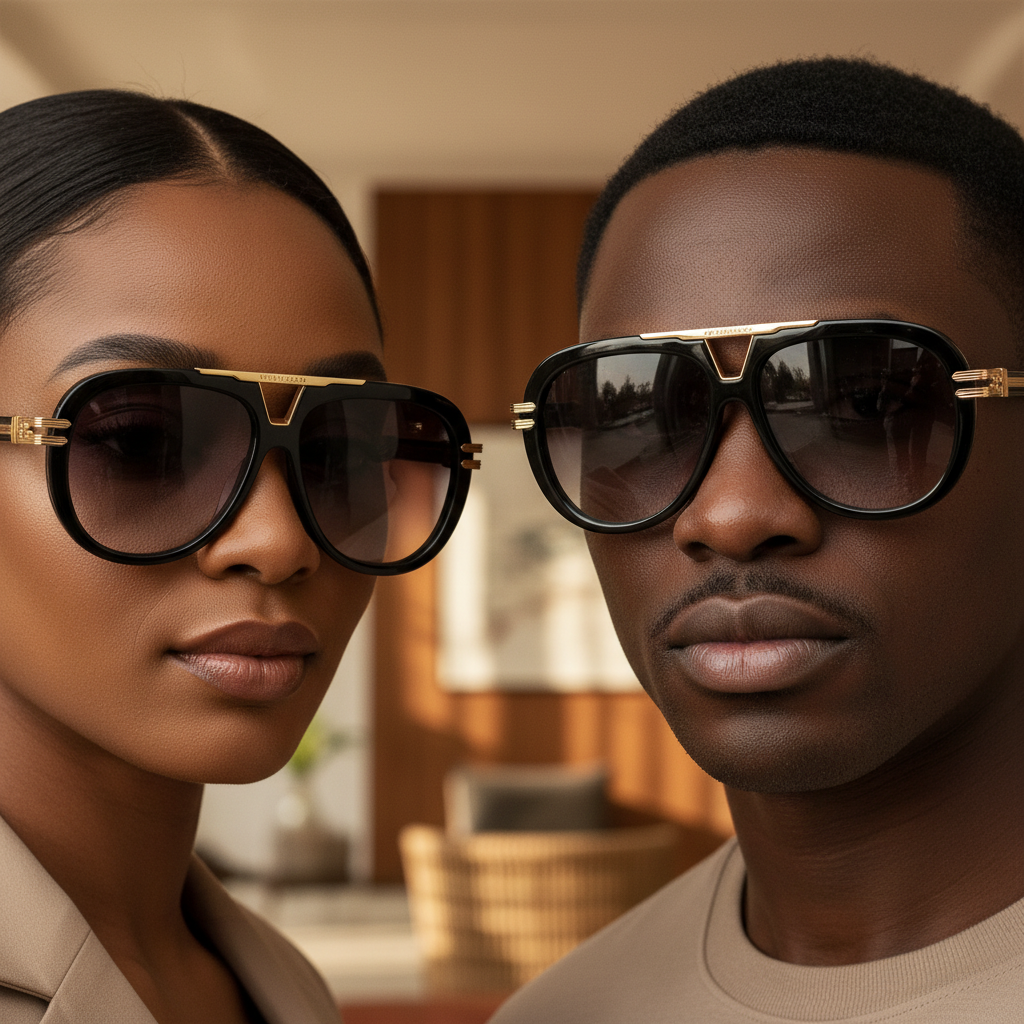 Nigerian female and male models wearing black aviator sunglasses – tight editorial eye-level crop