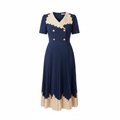 Women's navy blue cream scalloped collar pleated midi dress ghost mannequin front view