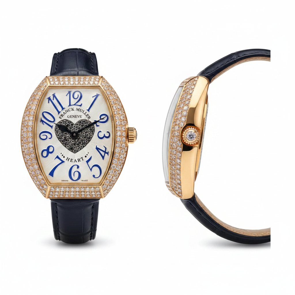 Women's gold diamond bezel blue numeral crystal heart dial tonneau watch — ghost mannequin front and side view, navy leather strap
