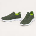 Pair of men's olive green knit lace-up sneakers with white soles