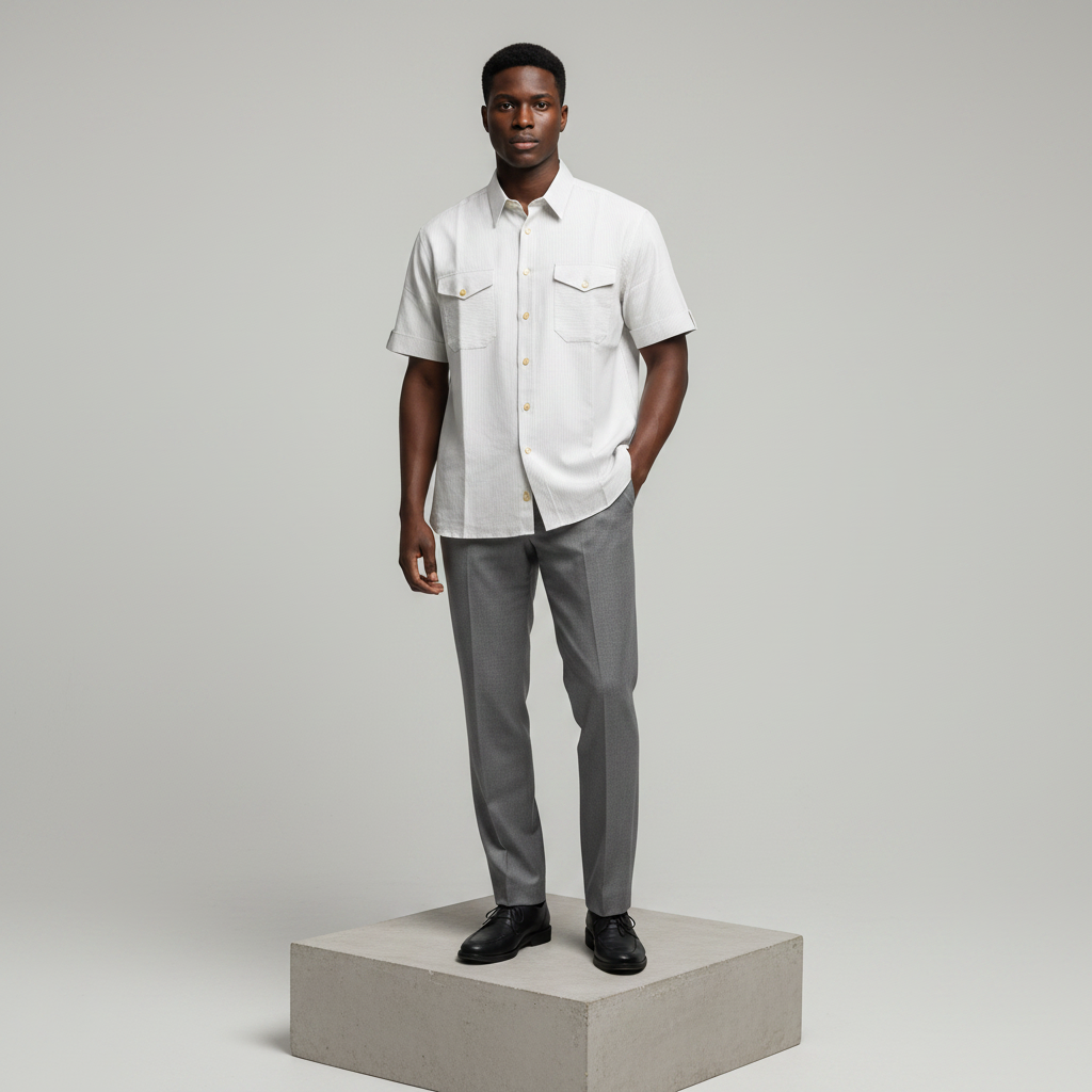 White Grey Pinstripe Short-Sleeved Shirt - Model Shot