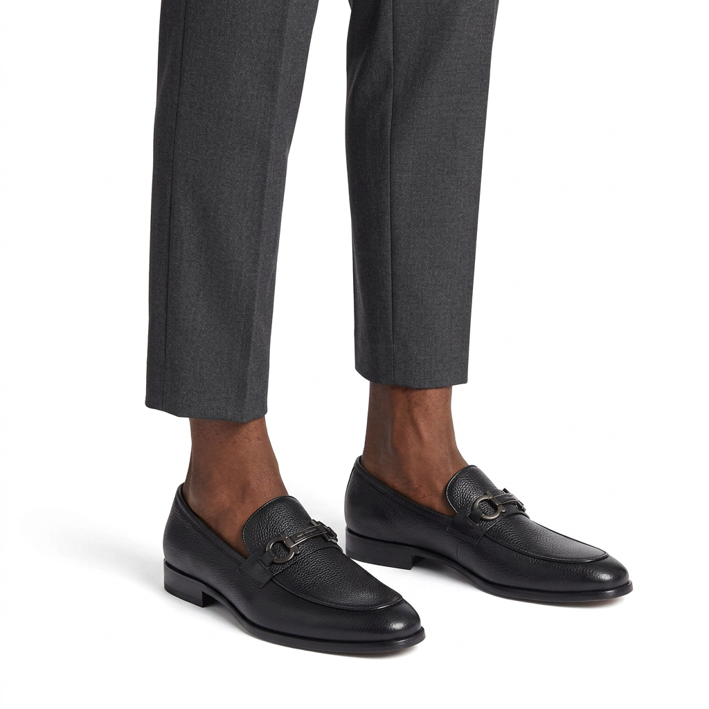 Black textured hardware loafers worn on both feet with grey trousers