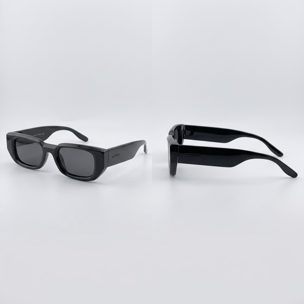 Front and side views of black chunky rectangular glasses