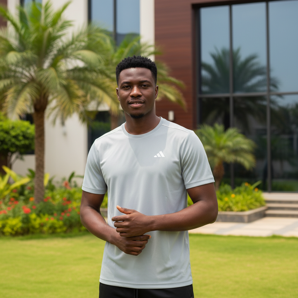 Nigerian male model wearing light grey short-sleeve sports jersey