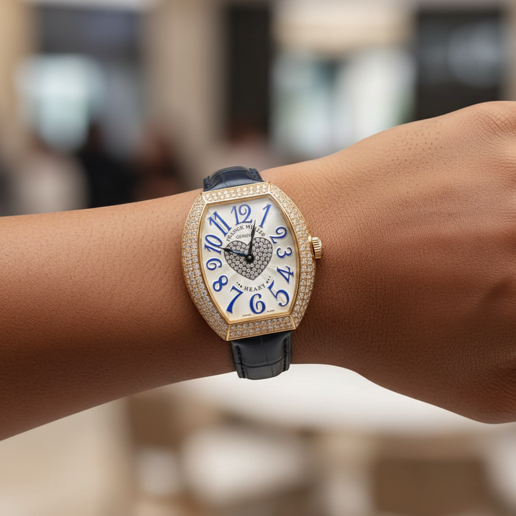 Women's gold diamond bezel blue numeral crystal heart dial tonneau watch worn on Nigerian model wrist — navy strap lifestyle wrist shot