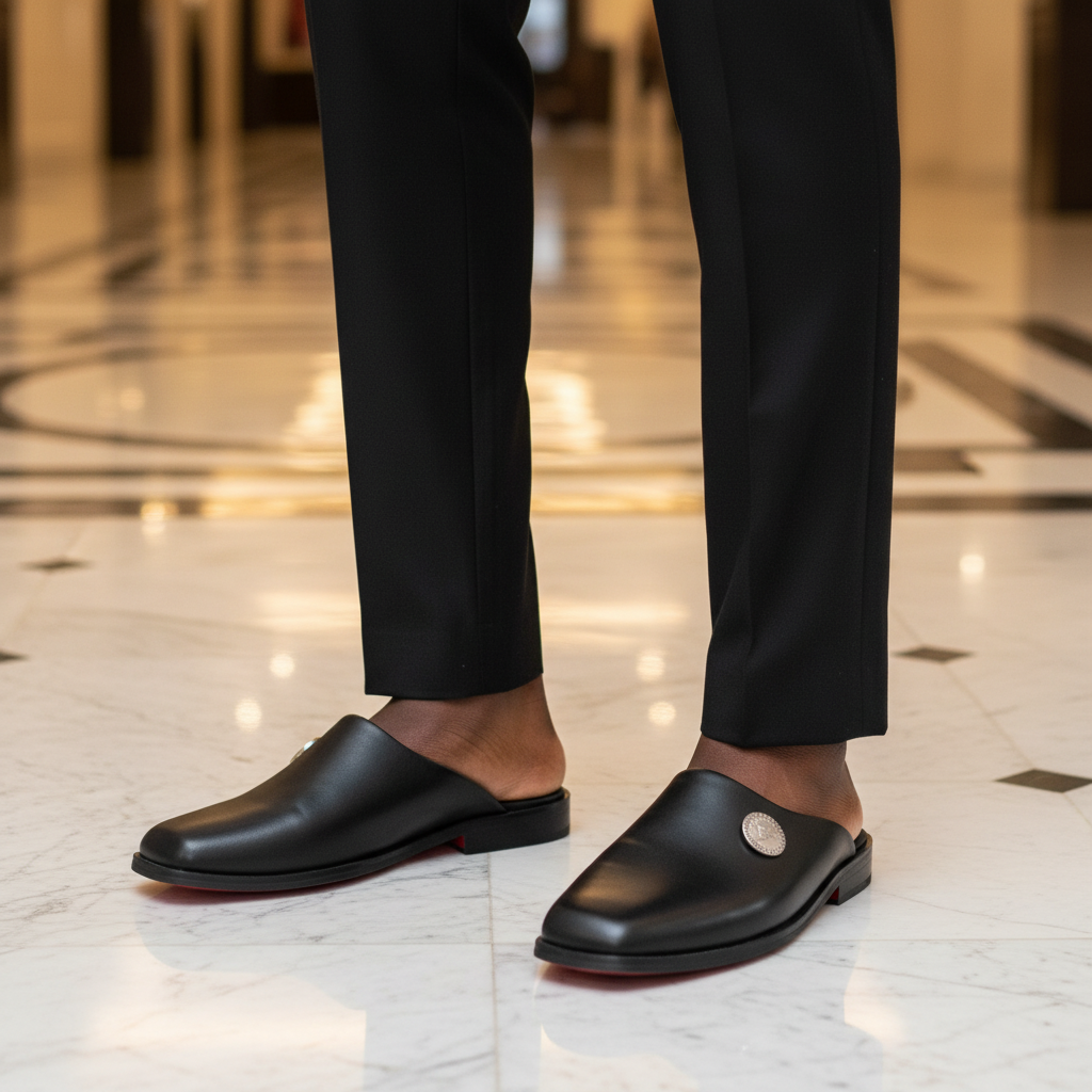 Nigerian male model wearing black leather red sole medallion mule shoes, tight zoomed-in Parisian luxury leg focus lifestyle shot revealing red sole