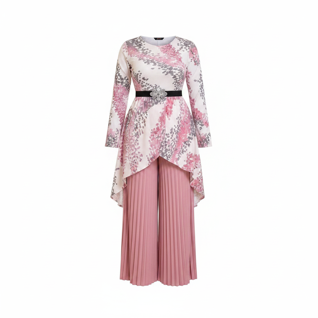 Women's pink floral print asymmetric top and dusty pink pleated trousers co-ord set ghost mannequin