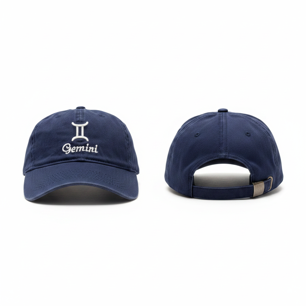 Navy blue Gemini zodiac embroidered dad cap ghost mannequin front and side view