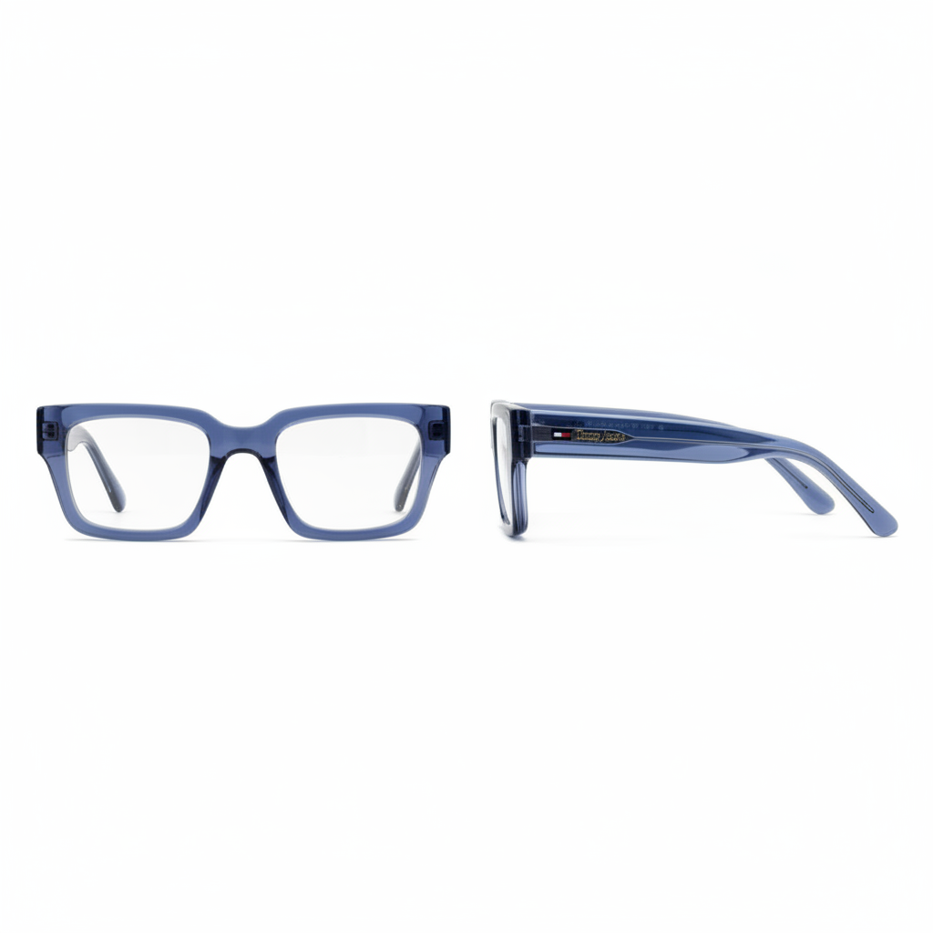 Unisex transparent navy blue bold square frame optical eyeglasses – front and side view on white background