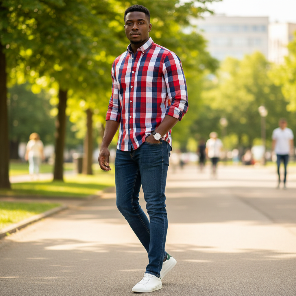 Nigerian male model wearing Red Navy and White Bold Large Plaid Check Long-Sleeve Button-Down Shirt