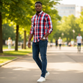 Nigerian male model wearing Red Navy and White Bold Large Plaid Check Long-Sleeve Button-Down Shirt