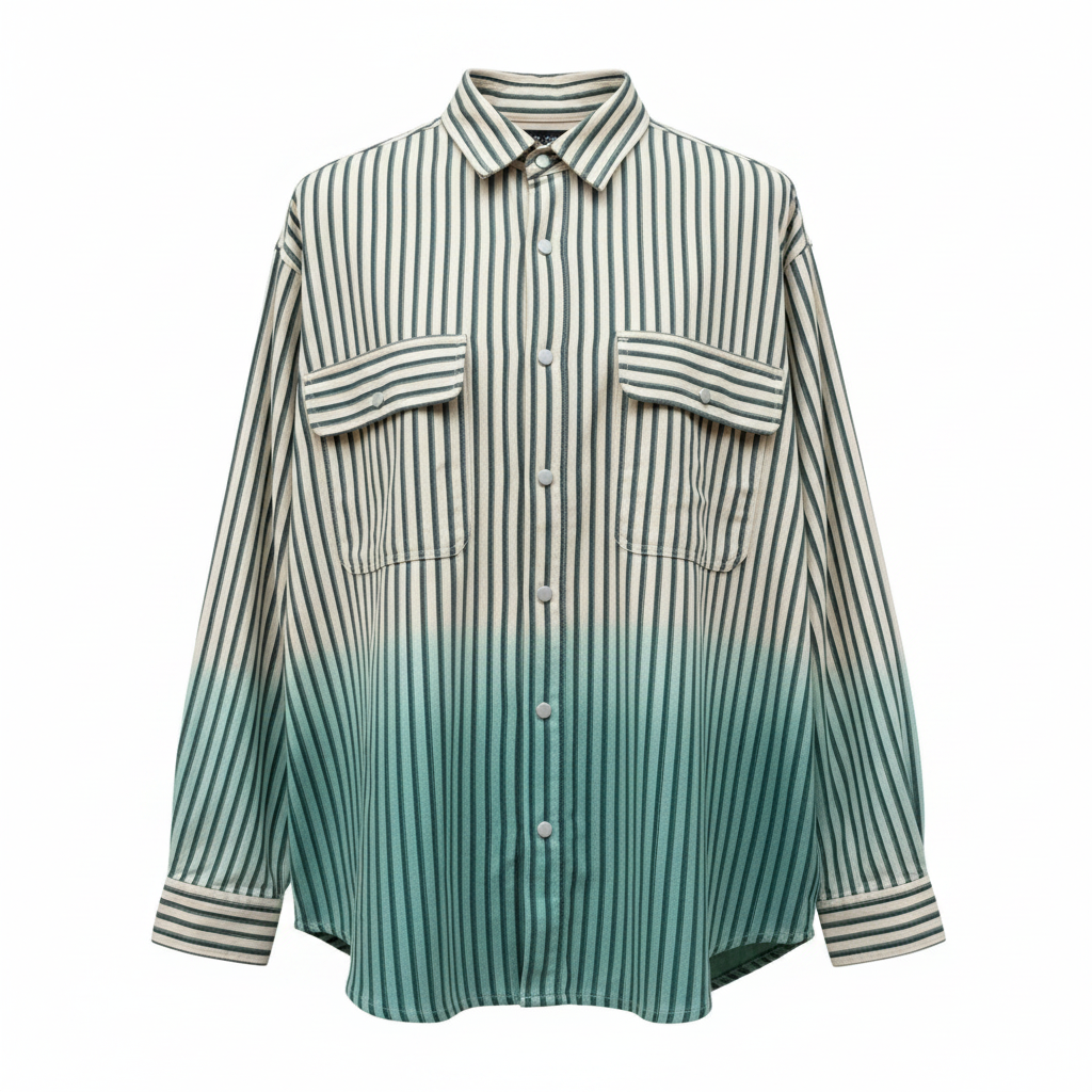 Off-white and mint green ombré striped utility shirt ghost mannequin — twin chest pockets, white background