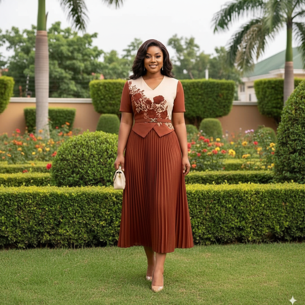 Nigerian female model wearing rust terracotta and cream pleated midi gown in upscale garden setting