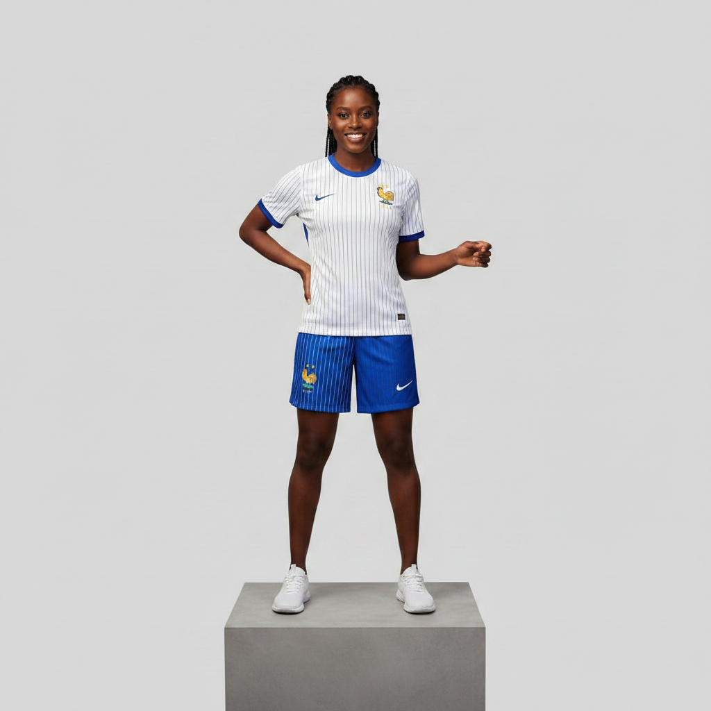 Nigerian female model wearing France FFF away football kit on concrete plinth
