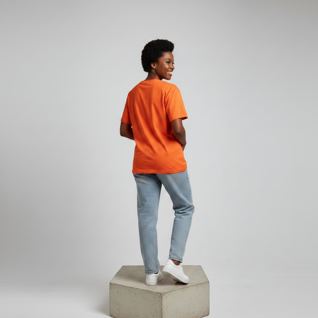 Nigerian female model back view wearing plain orange T-shirt - consistent model