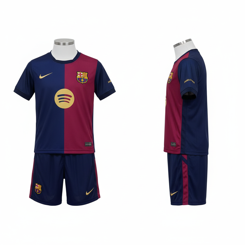 Kids navy and maroon split football jersey and shorts set ghost mannequin front and side view