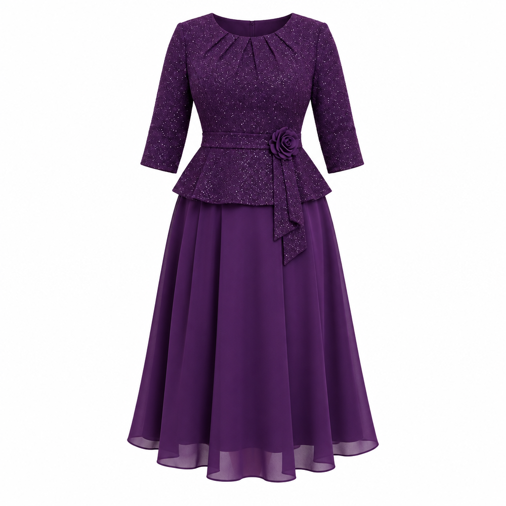 Plum shimmer peplum occasion dress on white background