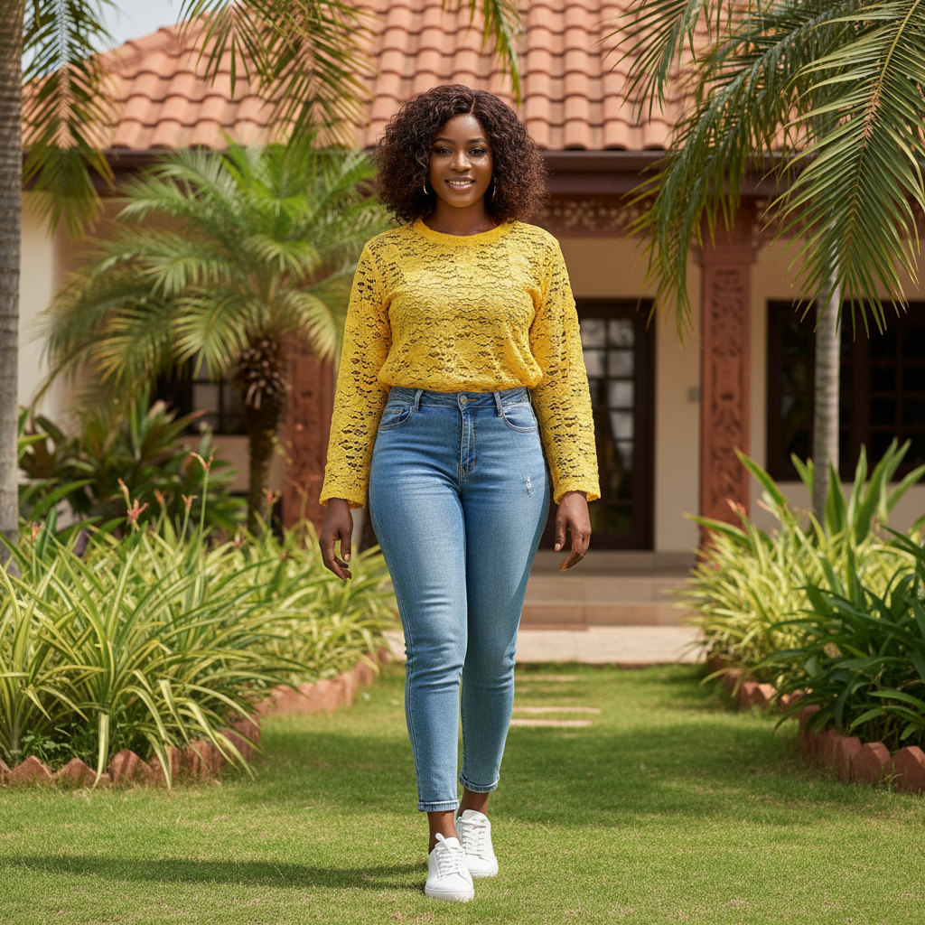 Women's Yellow Lace Crochet Top — Model Shot
