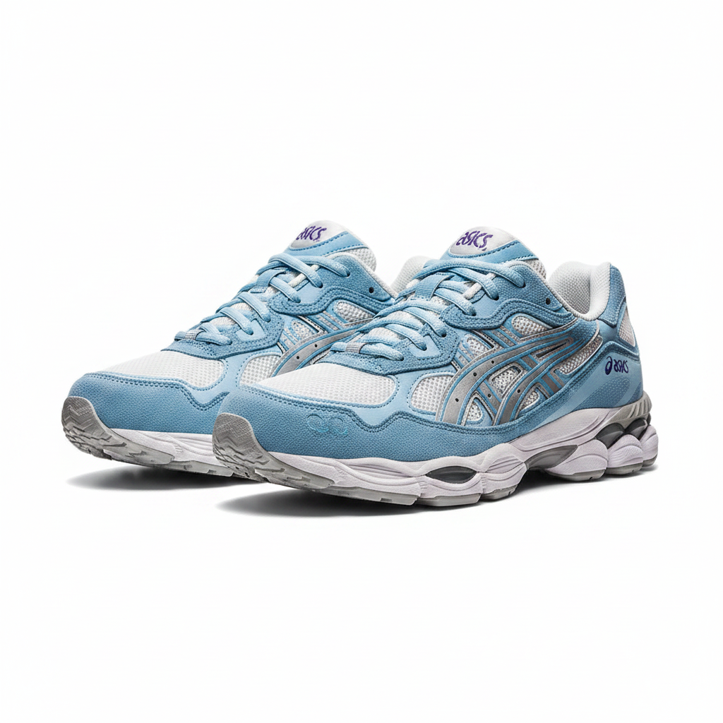 ASICS Gel-NYC baby blue white suede sneaker ghost mannequin product shot, plain white background