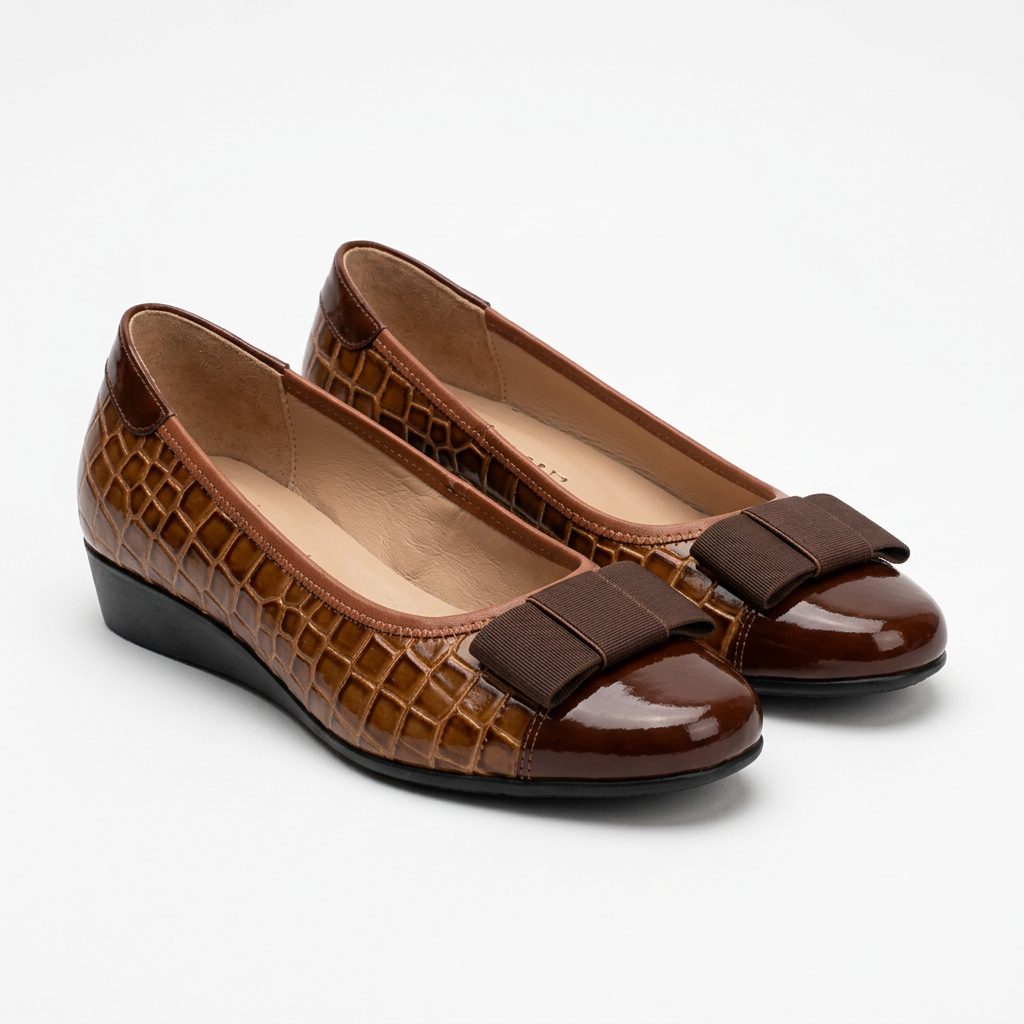 Matching brown croc-embossed wedge shoes with dark chocolate bows