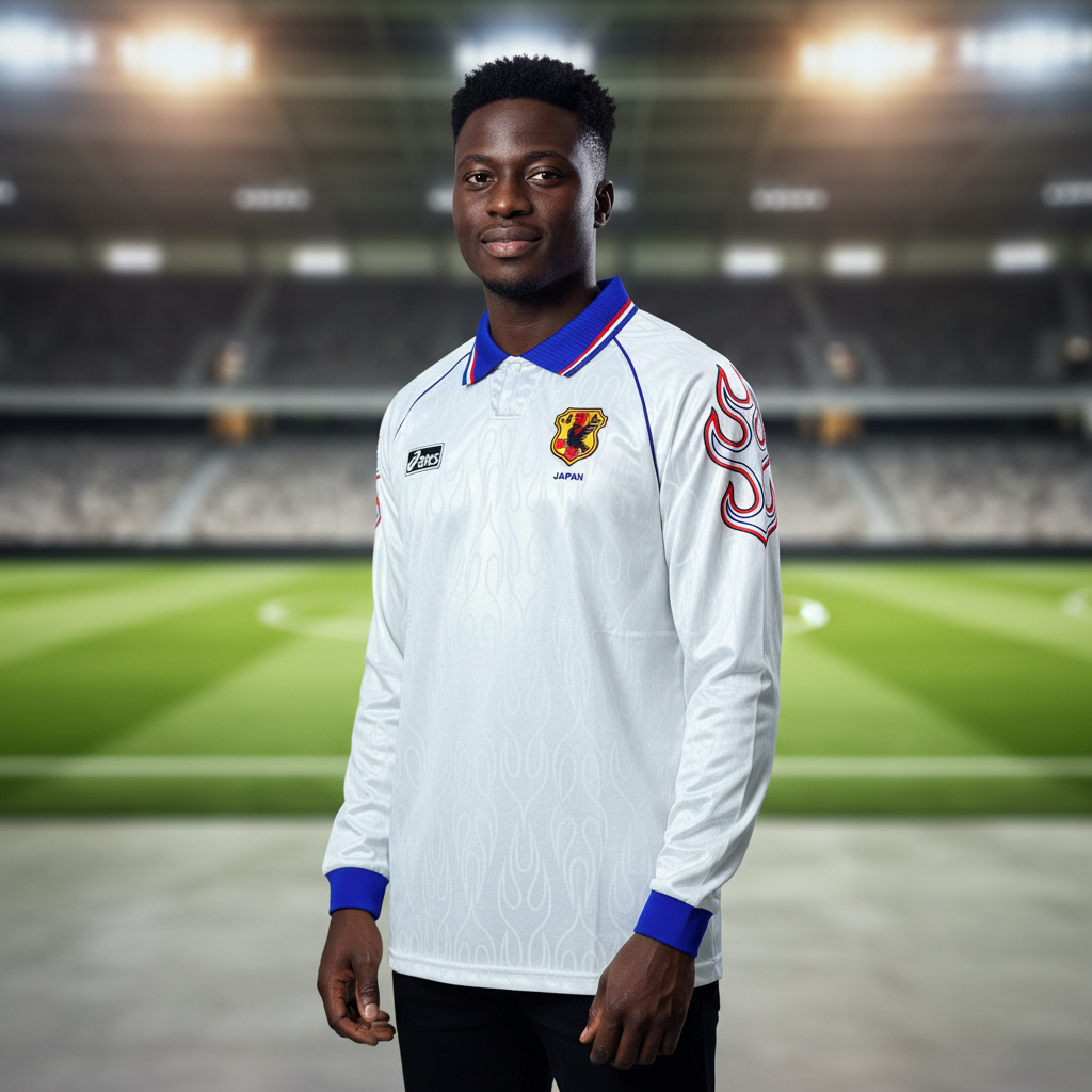 Nigerian male model wearing the white long-sleeve retro football jersey in a sports studio setting