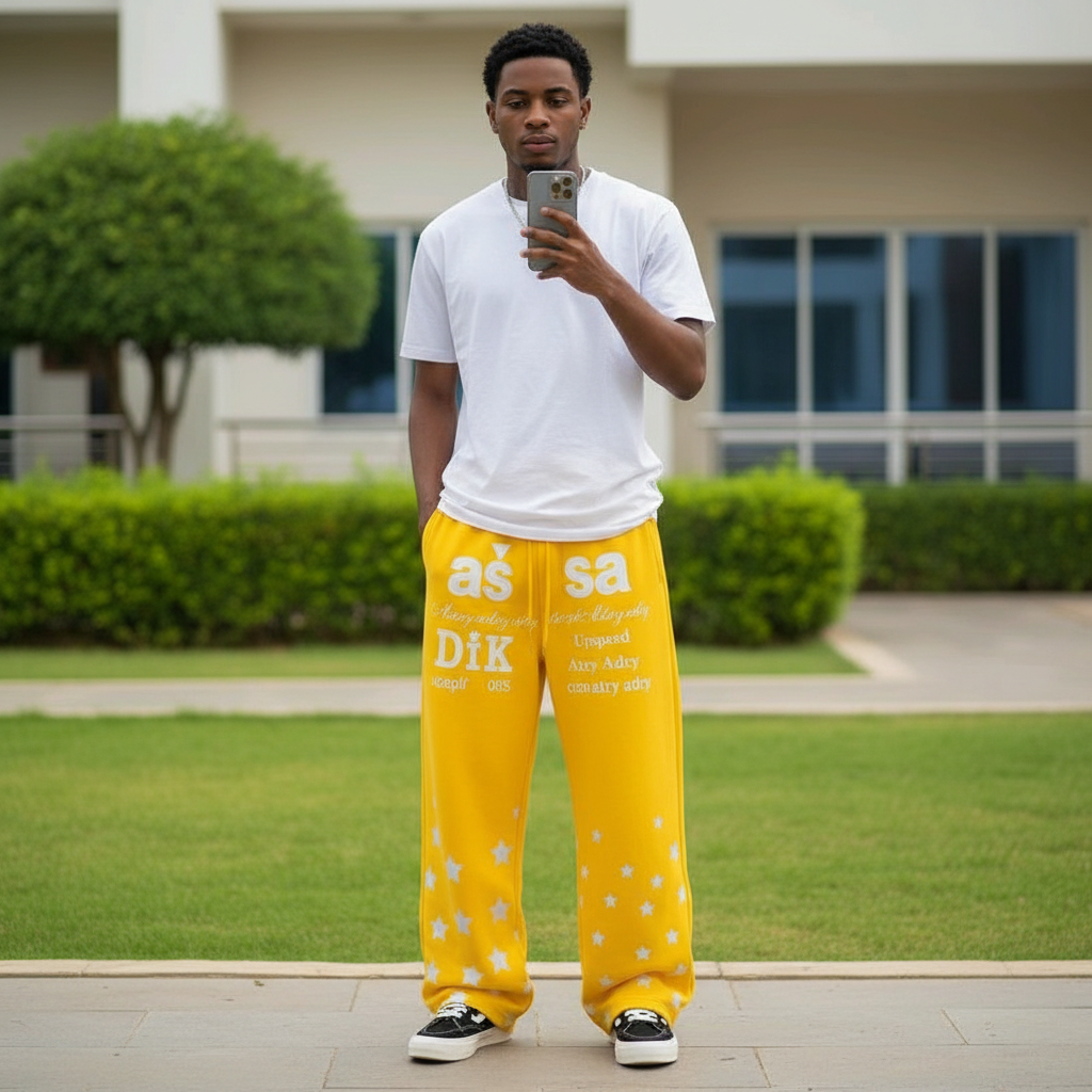 Nigerian male model wearing men's yellow star print wide leg sweatpants
