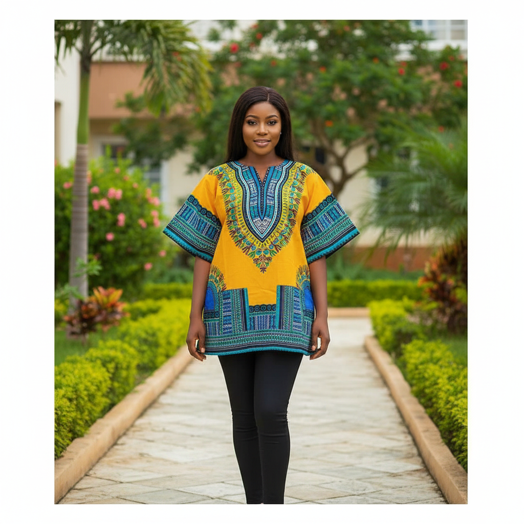 Nigerian female model wearing vibrant yellow Dashiki top with teal and blue tribal African print