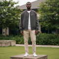 Men's Charcoal Grey Oversized Bomber Jacket – Nigerian Male Model Shot