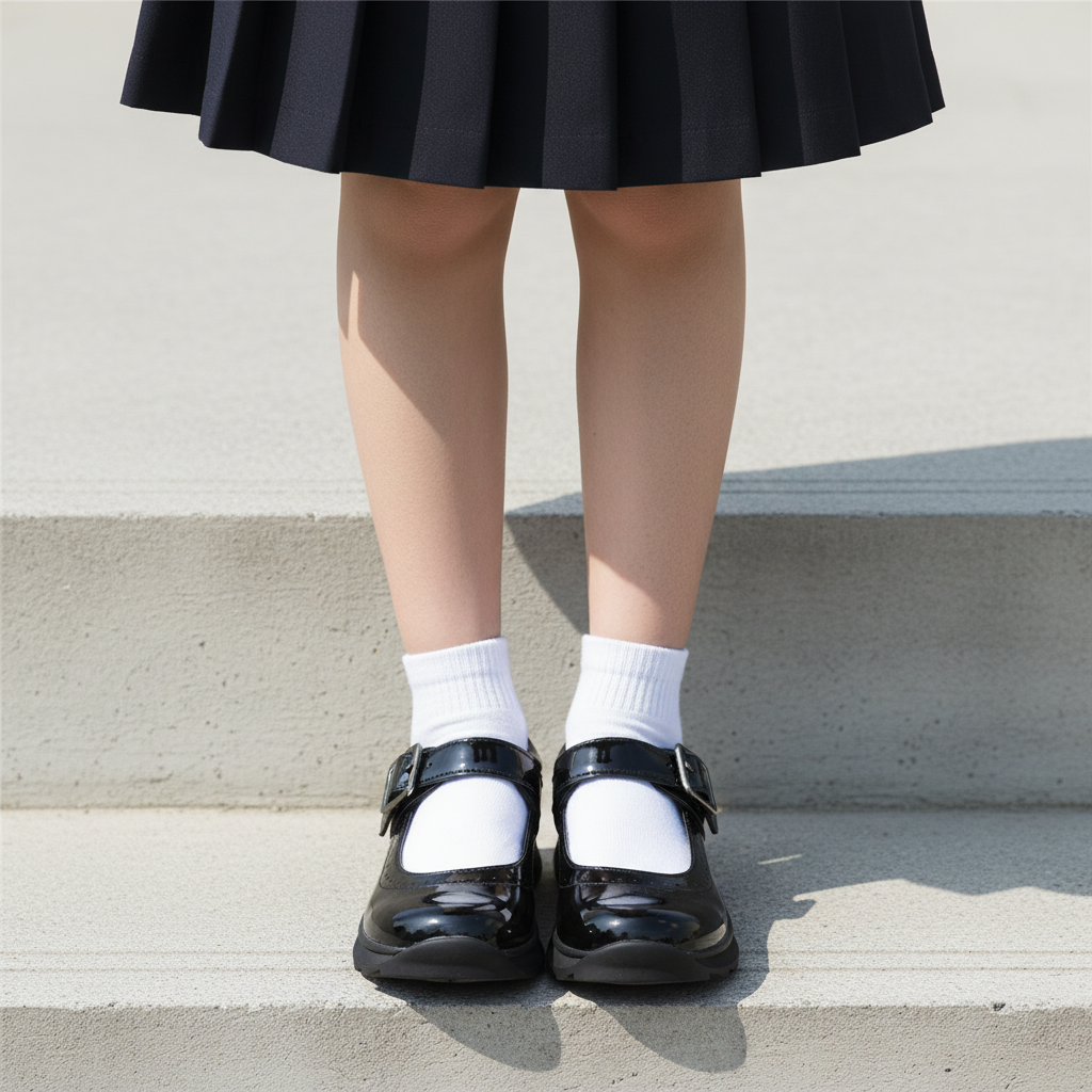 Leg focus shot of black patent Mary Jane school shoes with buckle strap and wingtip toe worn with white socks and navy skirt