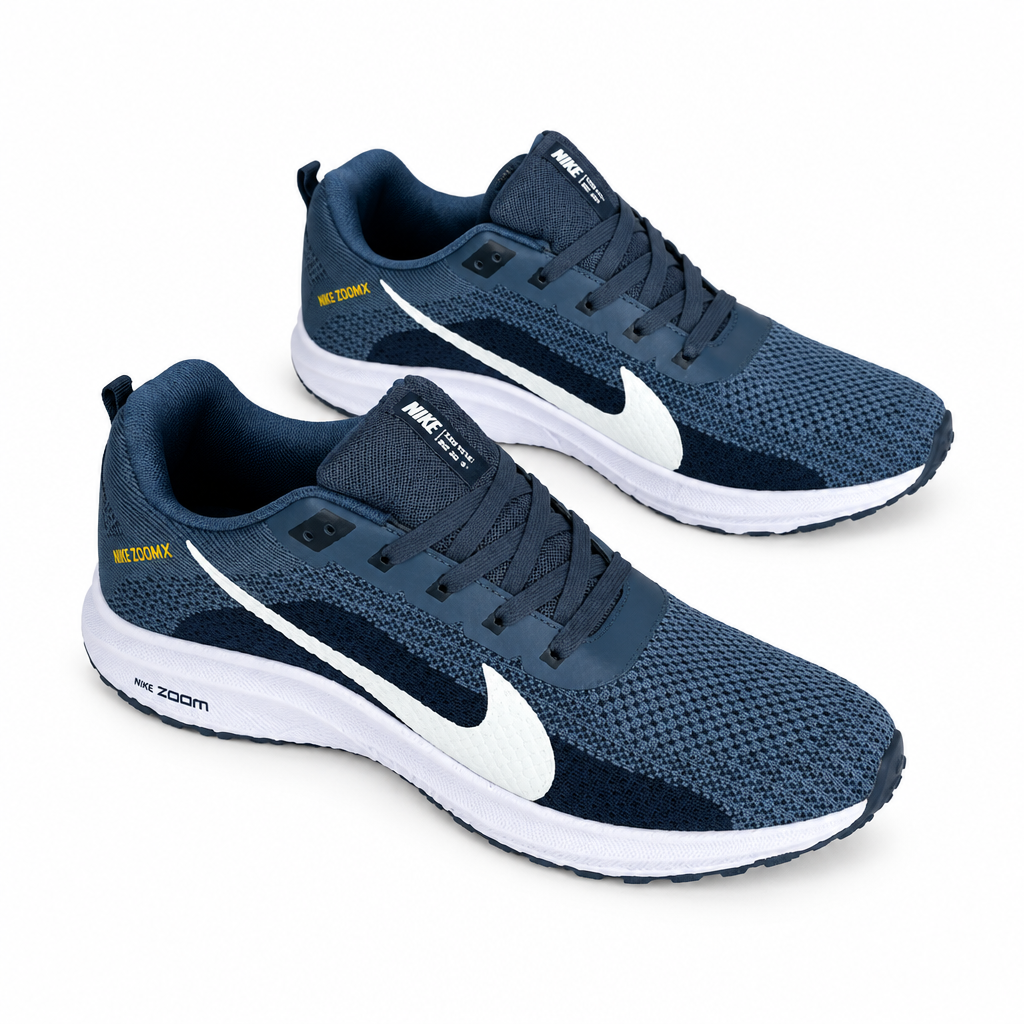 Pair of blue mesh lace-up sneakers with white soles