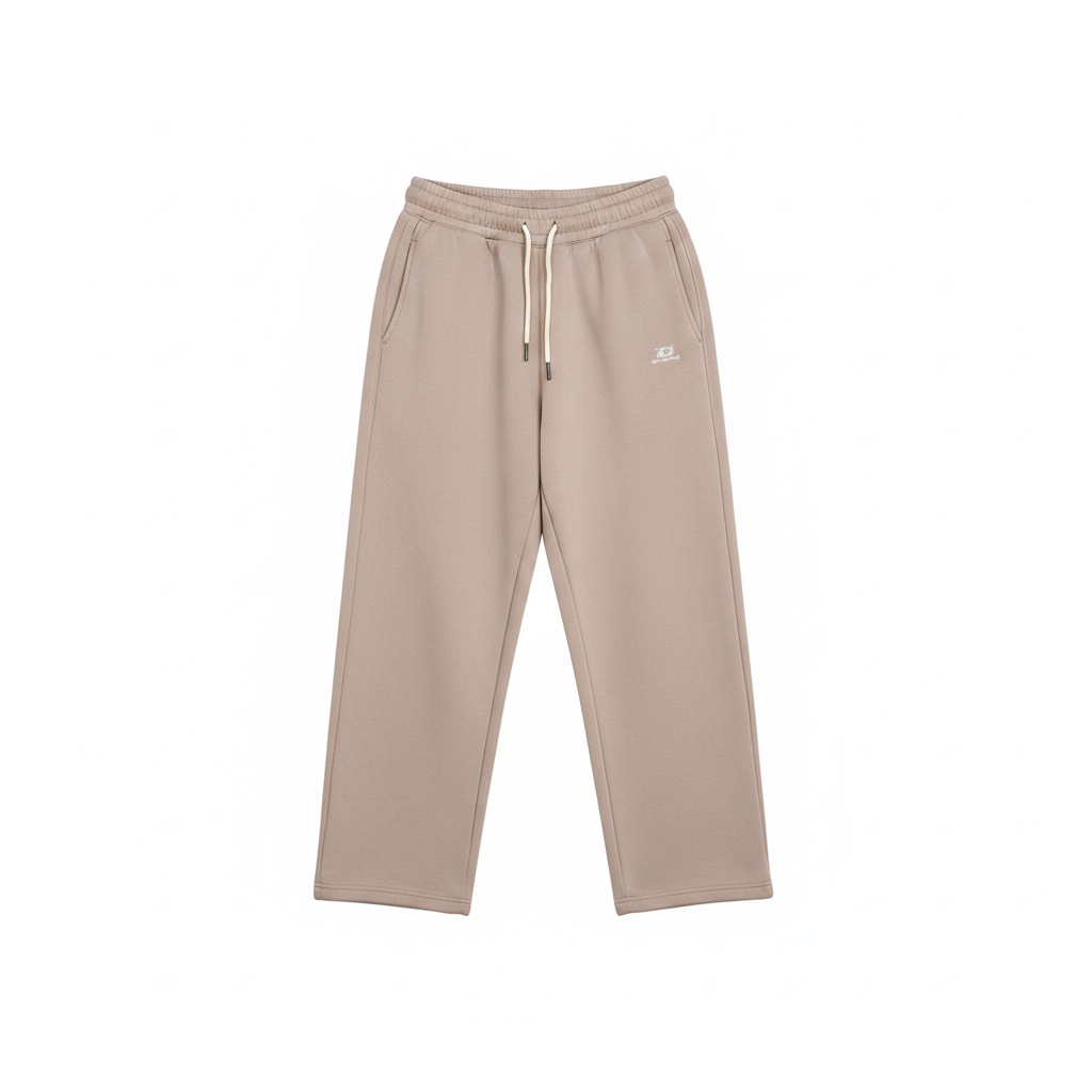 Unisex sand beige baggy wide-leg sweatpants with drawstring waist ghost mannequin view
