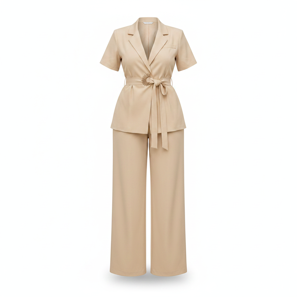 Women's short-sleeve tie-waist blazer co-ord set in cream – ghost mannequin front view
