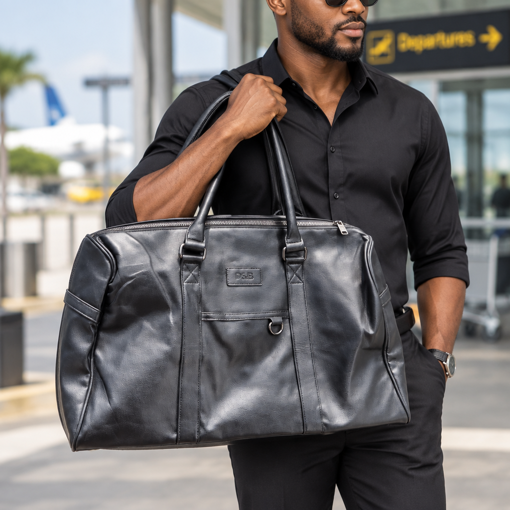 Nigerian man carrying a black travel duffle bag
