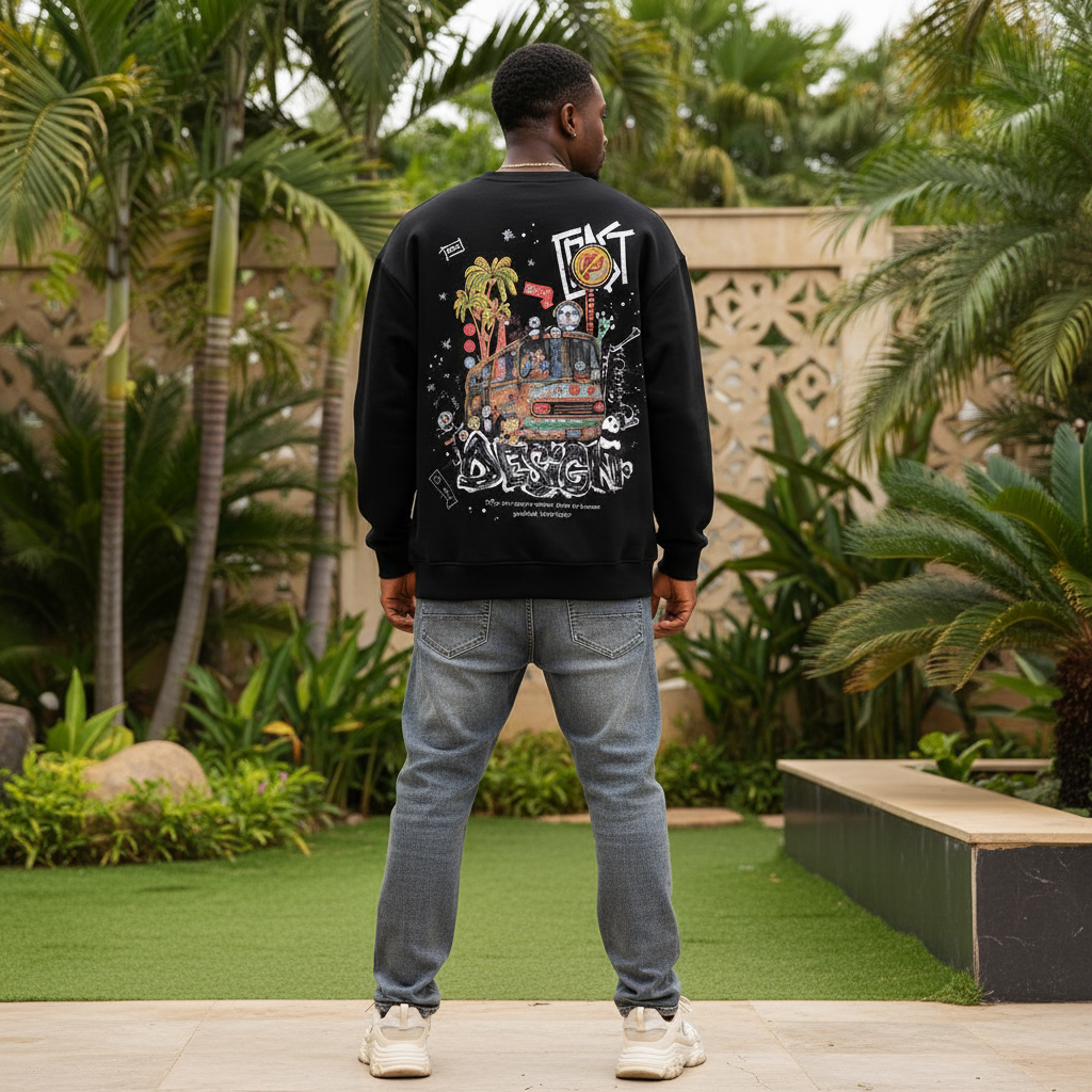 Nigerian male model wearing black sweatshirt with tropical bus scene back graphic – back view