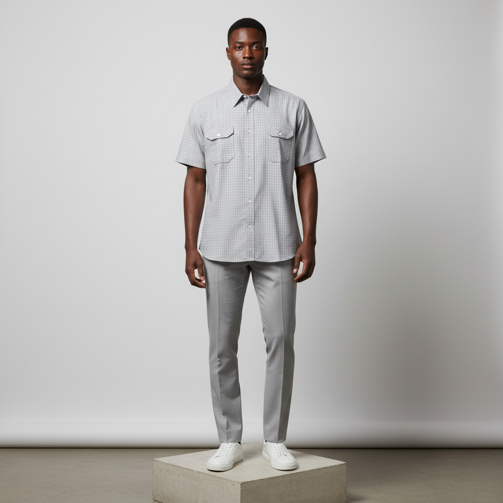 Grey White Windowpane Check Short-Sleeved Shirt - Model Shot
