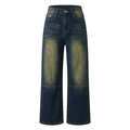 Vintage-wash dark blue panelled wide-leg jeans on an invisible mannequin against white