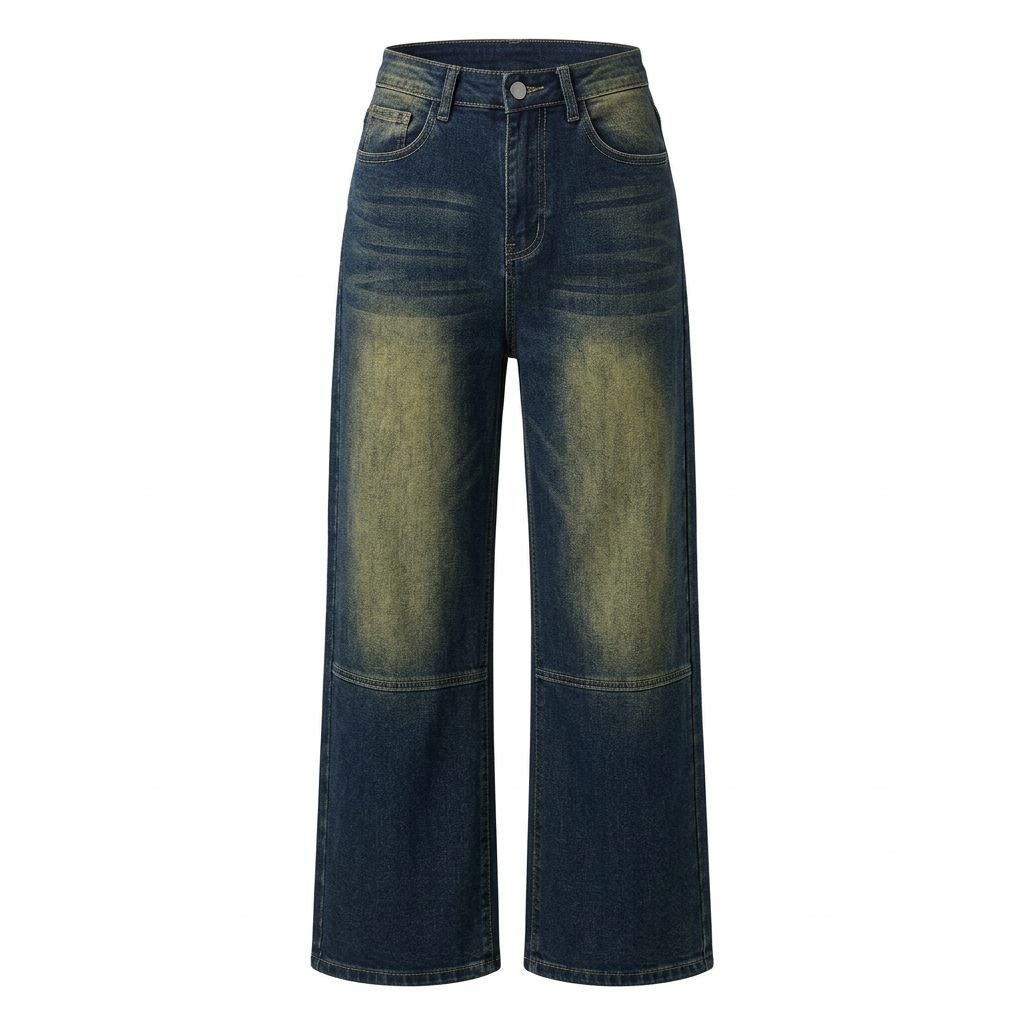 Vintage-wash dark blue panelled wide-leg jeans on an invisible mannequin against white
