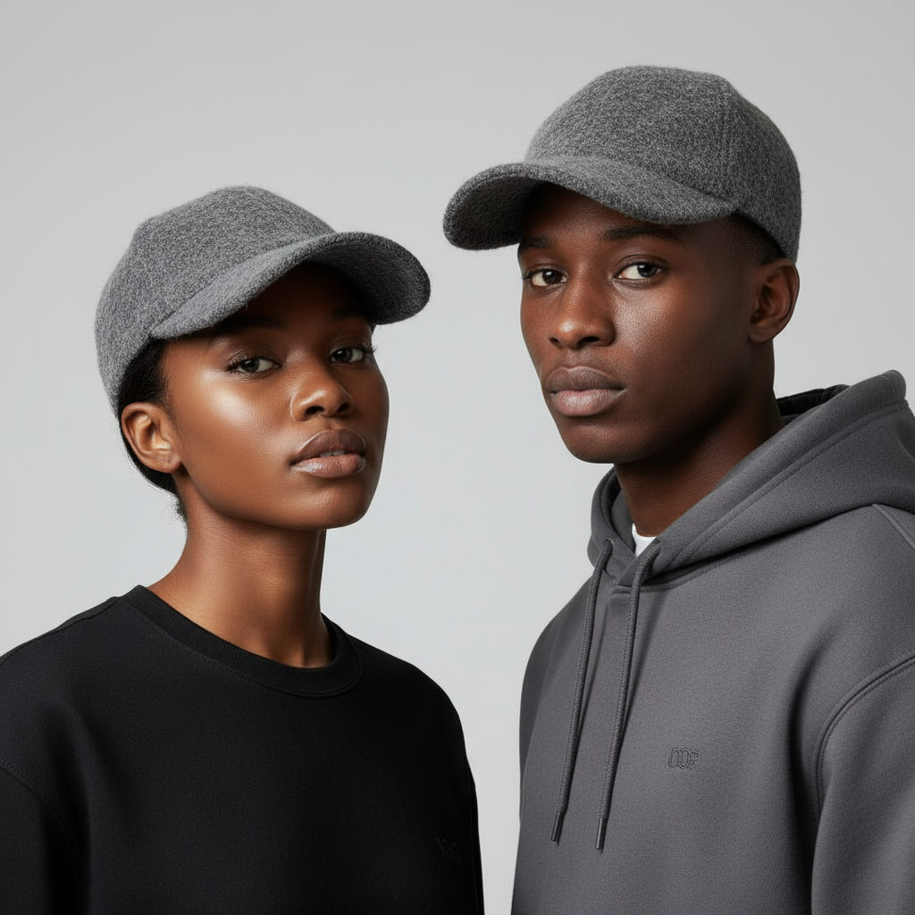 Nigerian Gen Z male and female models wearing charcoal grey fuzzy textured baseball cap