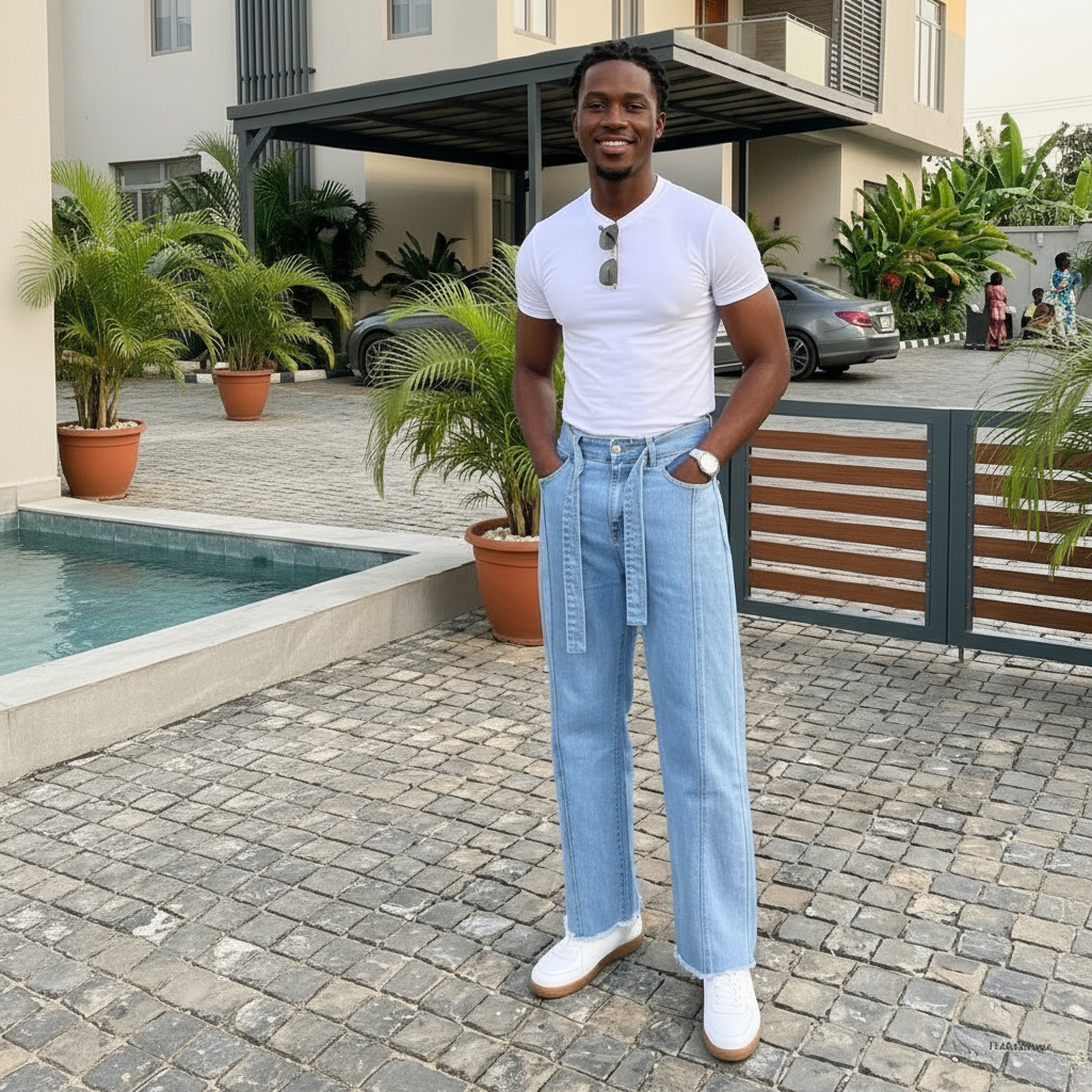 Nigerian male model wearing light blue baggy wide-leg denim jeans with white tee, clean outdoor setting, 1:1 square
