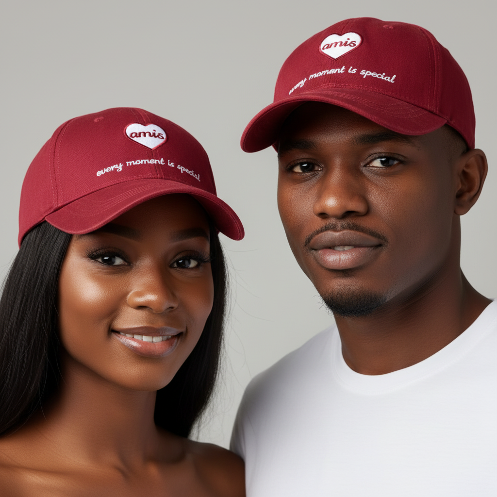 Nigerian male and female models wearing red amis heart embroidered dad cap