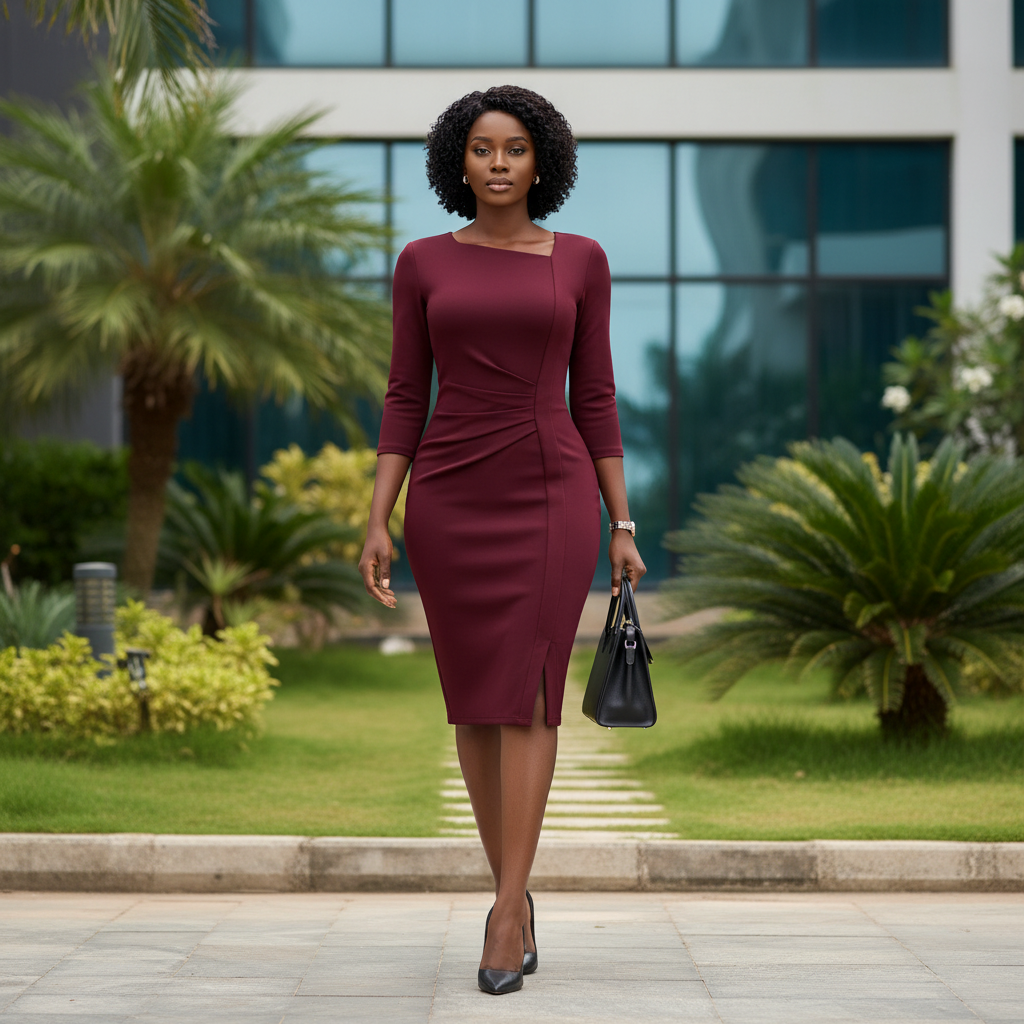 Nigerian female model wearing women's wine burgundy asymmetric square neck ruched bodycon midi dress