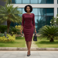 Nigerian female model wearing women's wine burgundy asymmetric square neck ruched bodycon midi dress